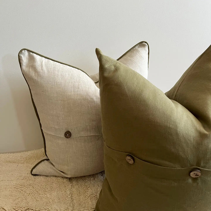 Pure French Linen Cushion Cover with Piped Edge - Natural with Olive Piping