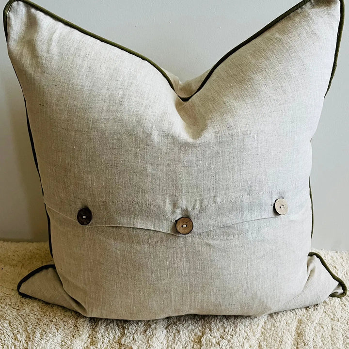 Pure French Linen Cushion Cover with Piped Edge - Natural with Olive Piping