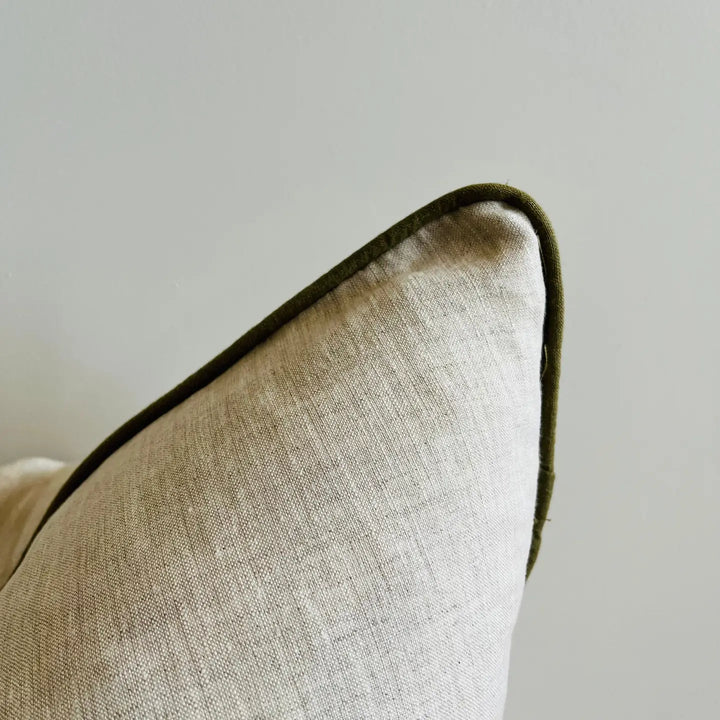 Pure French Linen Cushion Cover with Piped Edge - Natural with Olive Piping
