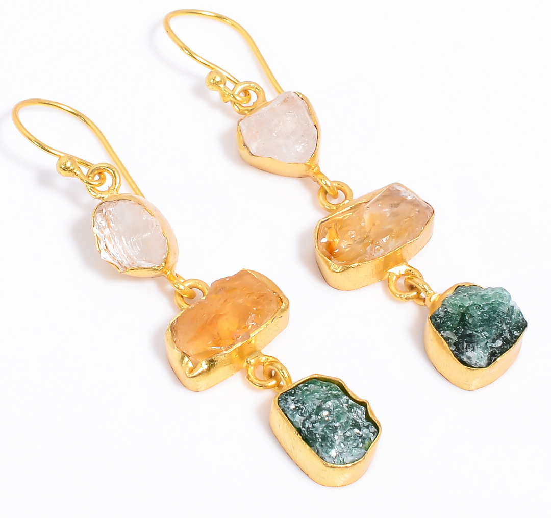 Crystal, Citrine, Green Aventurine Gemstone Earrings