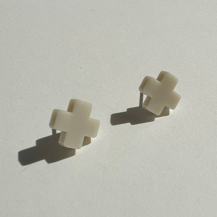 Beige Cross Stud Earrings - Small Cross Earrings, Minimalist