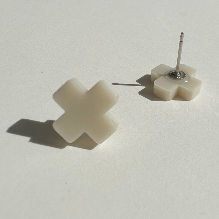 Beige Cross Stud Earrings - Small Cross Earrings, Minimalist
