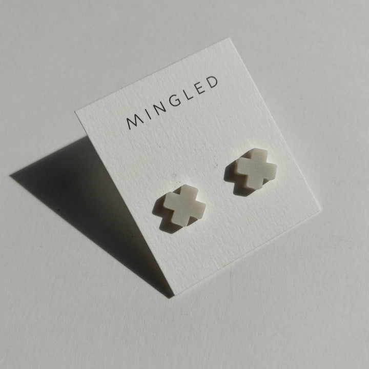 Beige Cross Stud Earrings - Small Cross Earrings, Minimalist