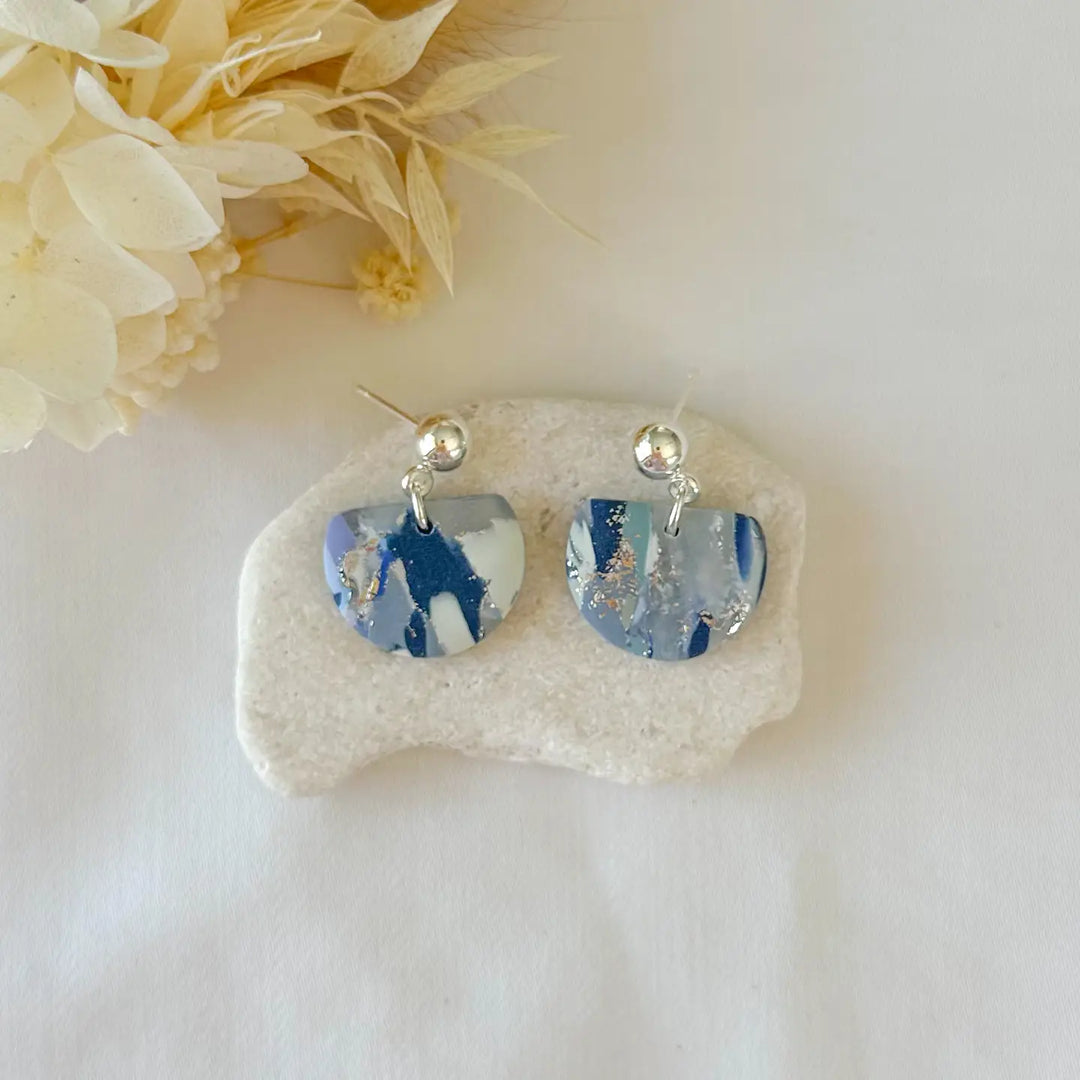 Blue Marbel Half Moon Earrings