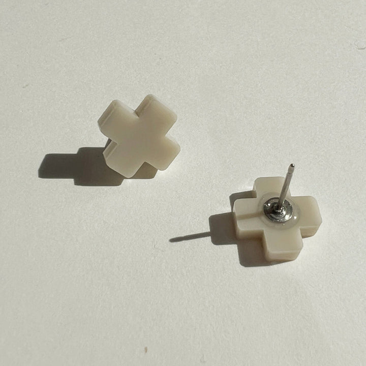 Beige Cross Stud Earrings - Small Cross Earrings, Minimalist