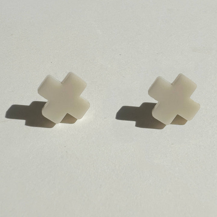 Beige Cross Stud Earrings - Small Cross Earrings, Minimalist