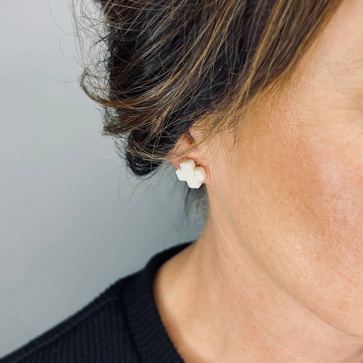 Beige Cross Stud Earrings - Small Cross Earrings, Minimalist