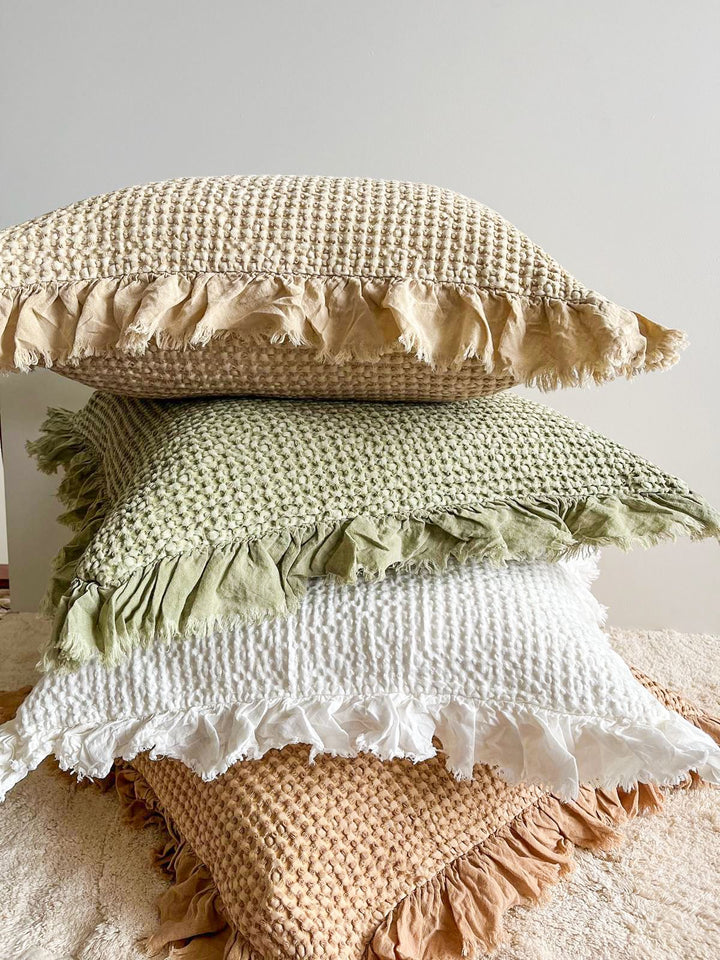 Organic Cotton Waffle Ruffle Cushion - Light Olive