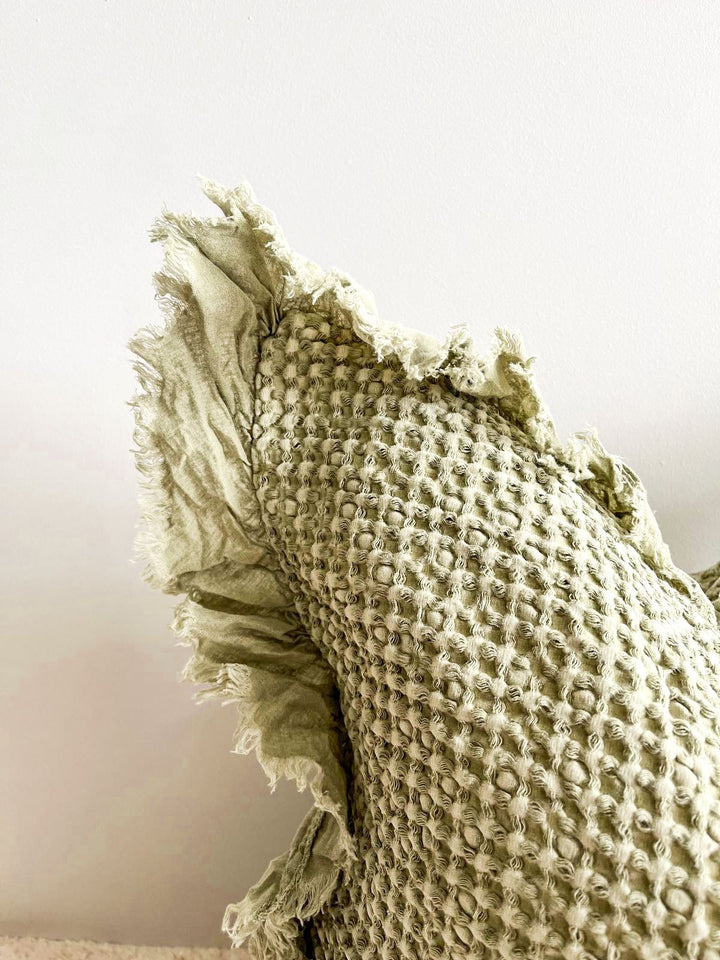 Organic Cotton Waffle Ruffle Cushion - Light Olive