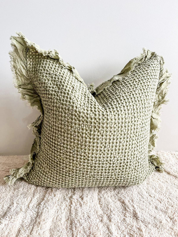 Organic Cotton Waffle Ruffle Cushion - Light Olive