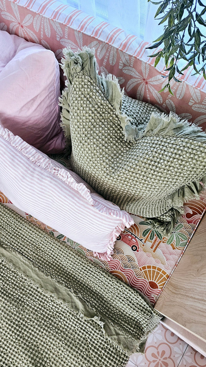 Organic Cotton Waffle Ruffle Cushion - Light Olive