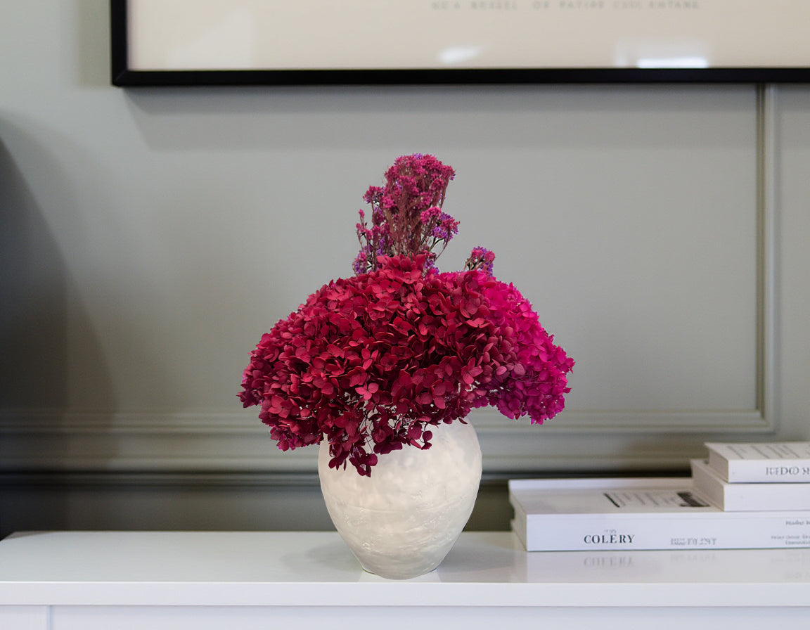 Preserved Magenta and Burgundy Hydrangeas with rice Flower in Reagan P ...