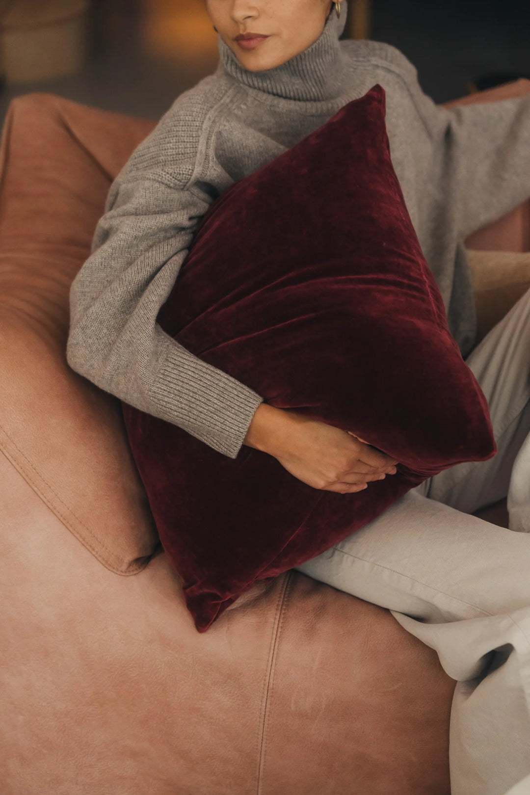 Linen Velvet Cushion - Burgundy by Saarde