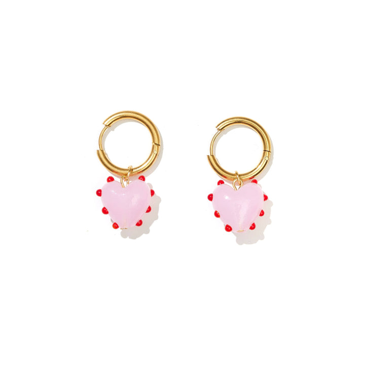 Heart Drop Hoops // red and pink on gold